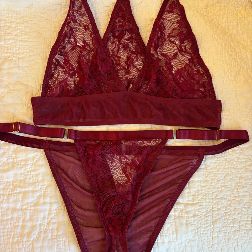 Hustler Hollywood Lace Bralette and Panty Set - Deep Red